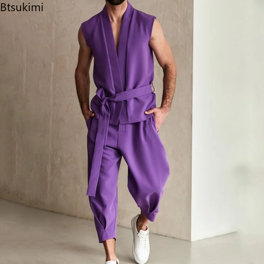 2025 Fashion High Street Men's Two Pieces Purple Sleeveless Lace-up Cardigan Tops and Pants Casual Outfits Trend Men's Clothing