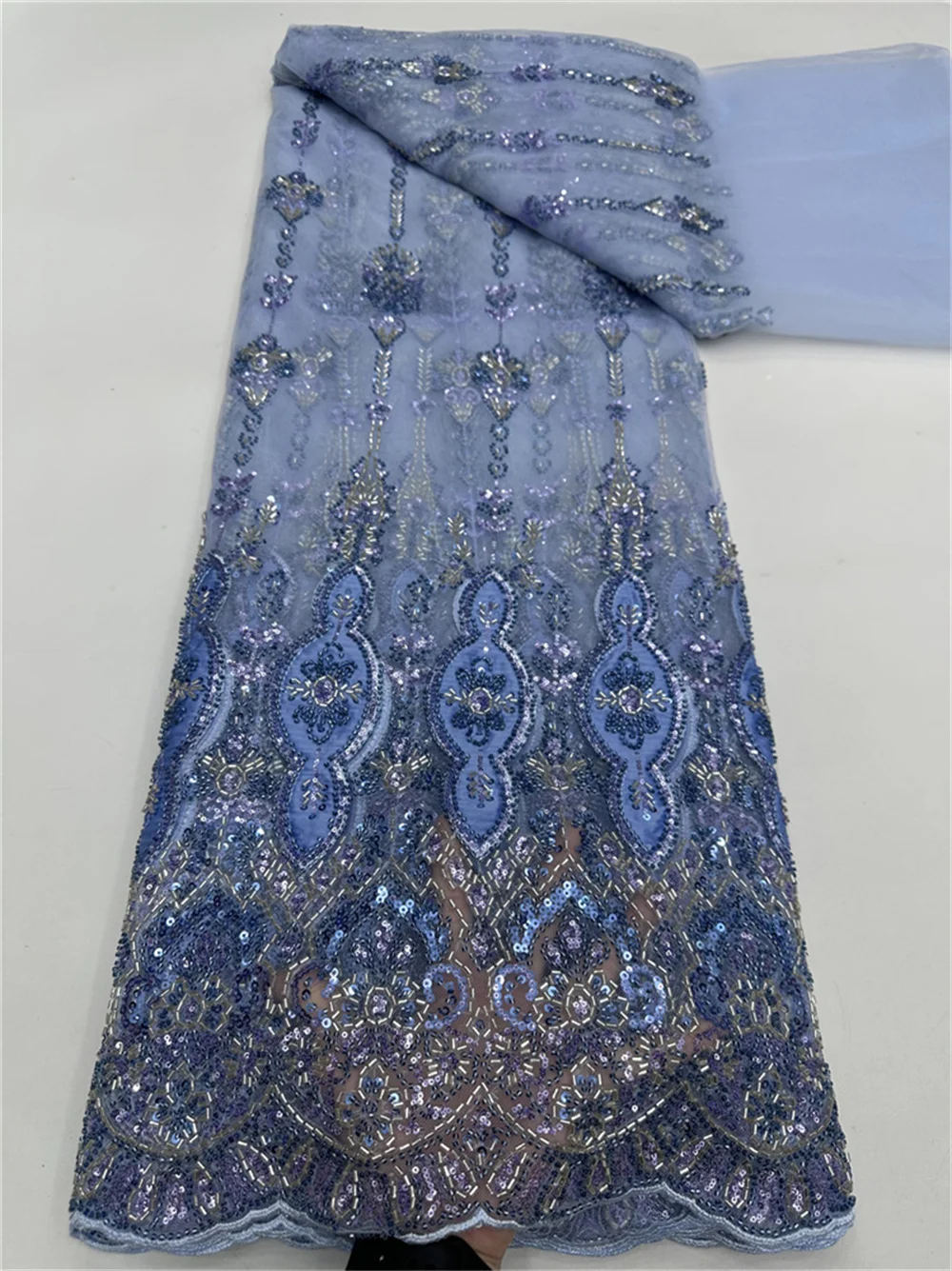 

Latest High Quality African Delicate Eligant Soft Embroiderd Sequins Tulle Beaded Lace Fabric Nigerian For Wedding Evening Dress