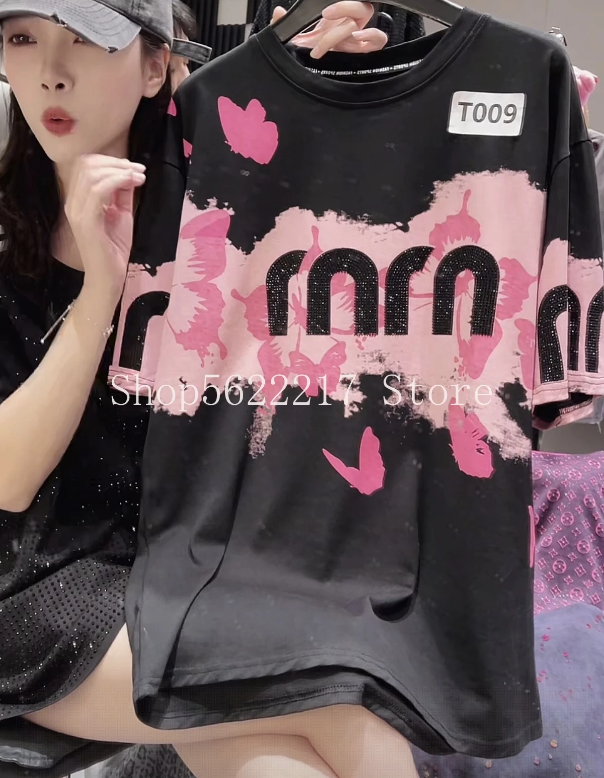 

Colorblock Letters Hot Drilling Black Short Sleeve T-shirt All-match Spring Summer Oversize Pullover Top Women Cotton Basic Tees