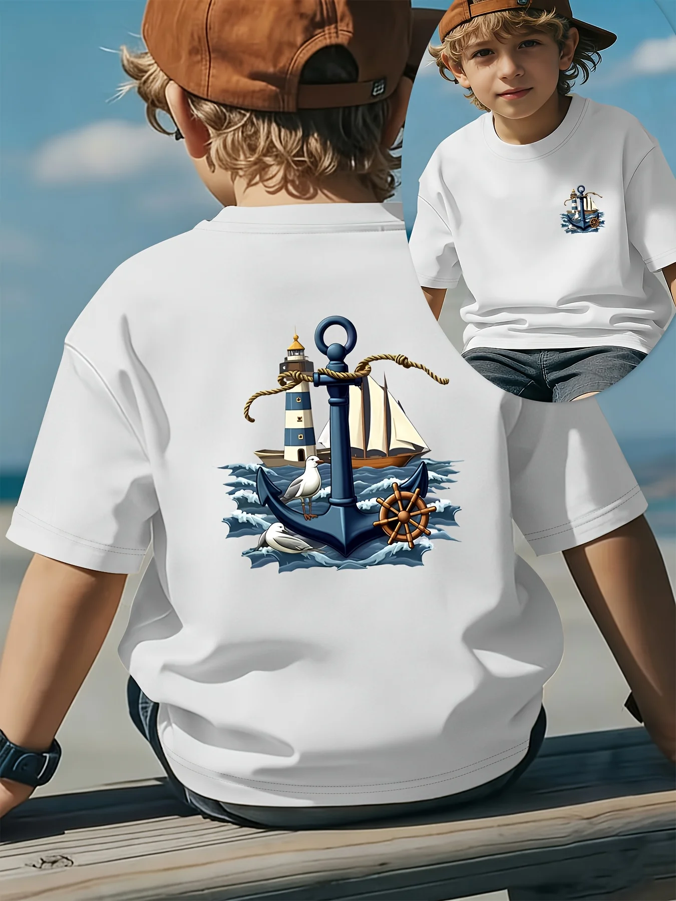 Navigation lighthouse sailboat hand-painted art pattern comfortable children's T-shirt summer round neck parent-child outfit