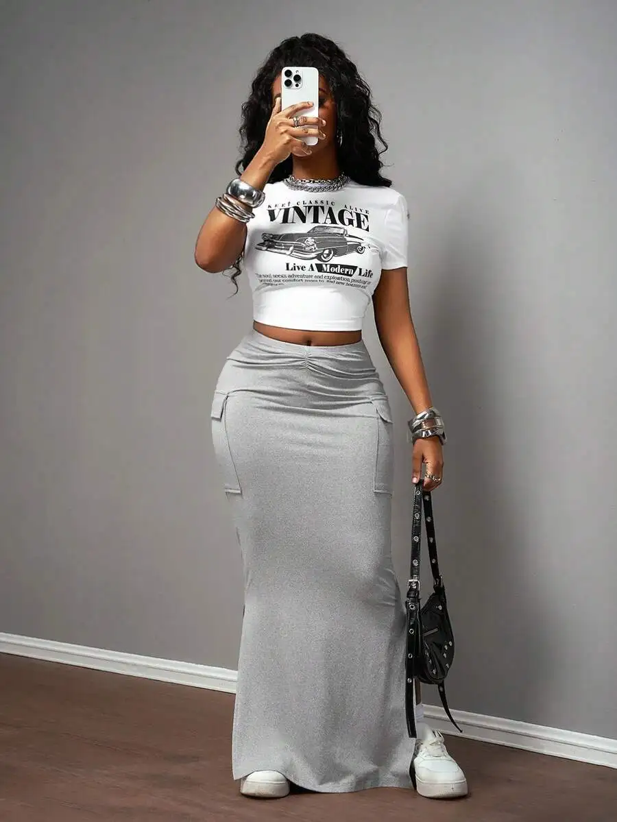 Slaydiva Women Light Grey Summer Casual Streetwear City Break Y2K 2pcs Set,Retro Graphic Print Short Sleeve Cropped Fitted
