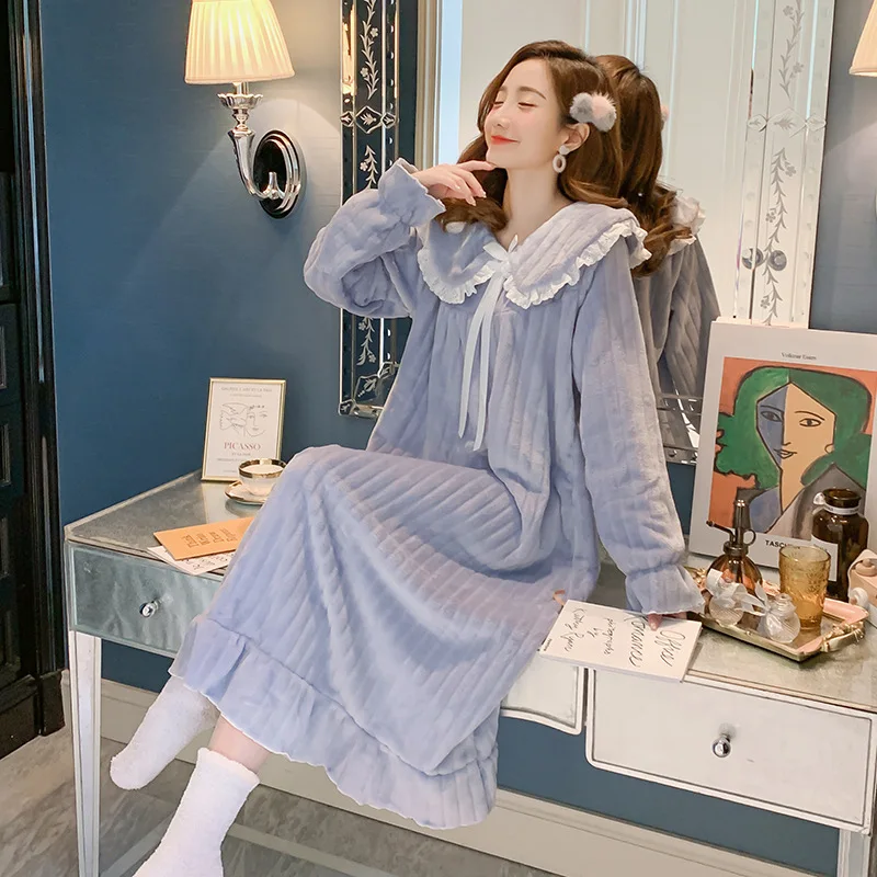 Autumn and Winter New Women\'s Facecloth Nightgown Homewear Girls Warm Coral Velvet Court Princess Models Pajama Dress Dresses