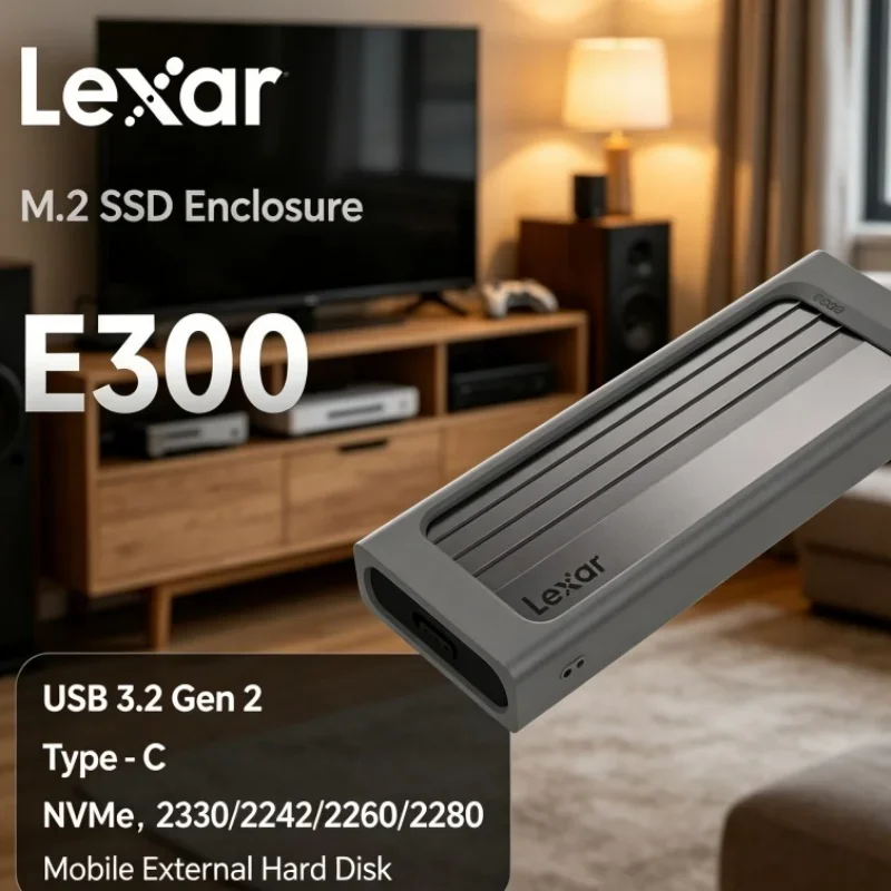Gabinete externo Lexar E300 M.2 SSD, com USB 3.2 Gen 2 Tipo C, para SSD NVMe, compatível com formatos 2230/2242/2260/2280, para uso como disco rígido externo portátil.