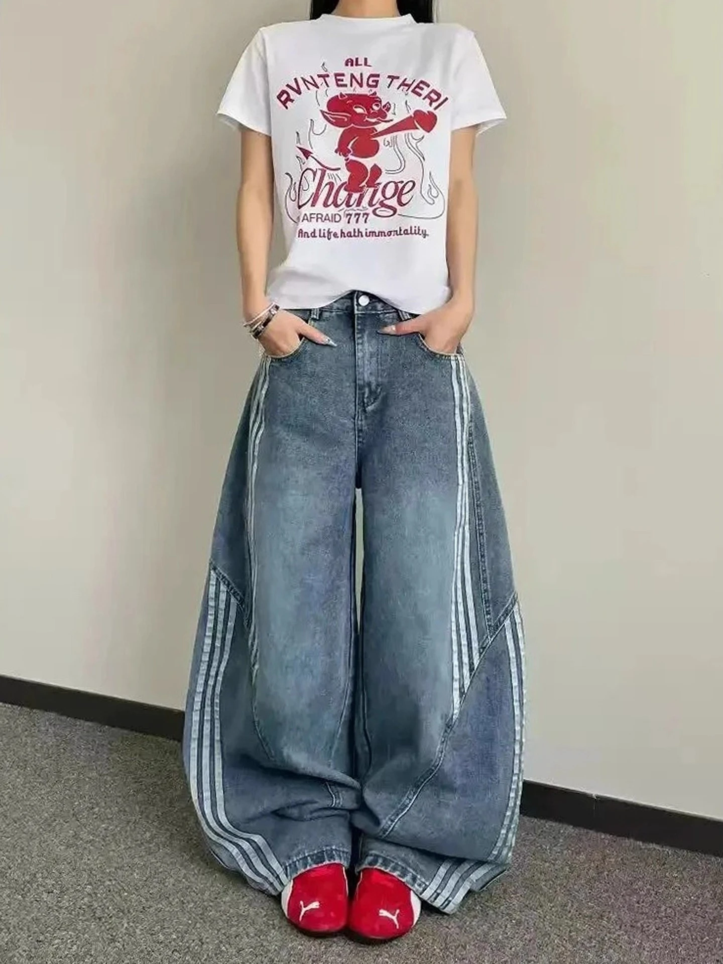 아메리칸 슬레 하이웨이스트 스트레이트 레그 진 여성용 패치워크 와이드 레그 팬츠 트렌디 하이 스트리트 루즈핏 블루 데님