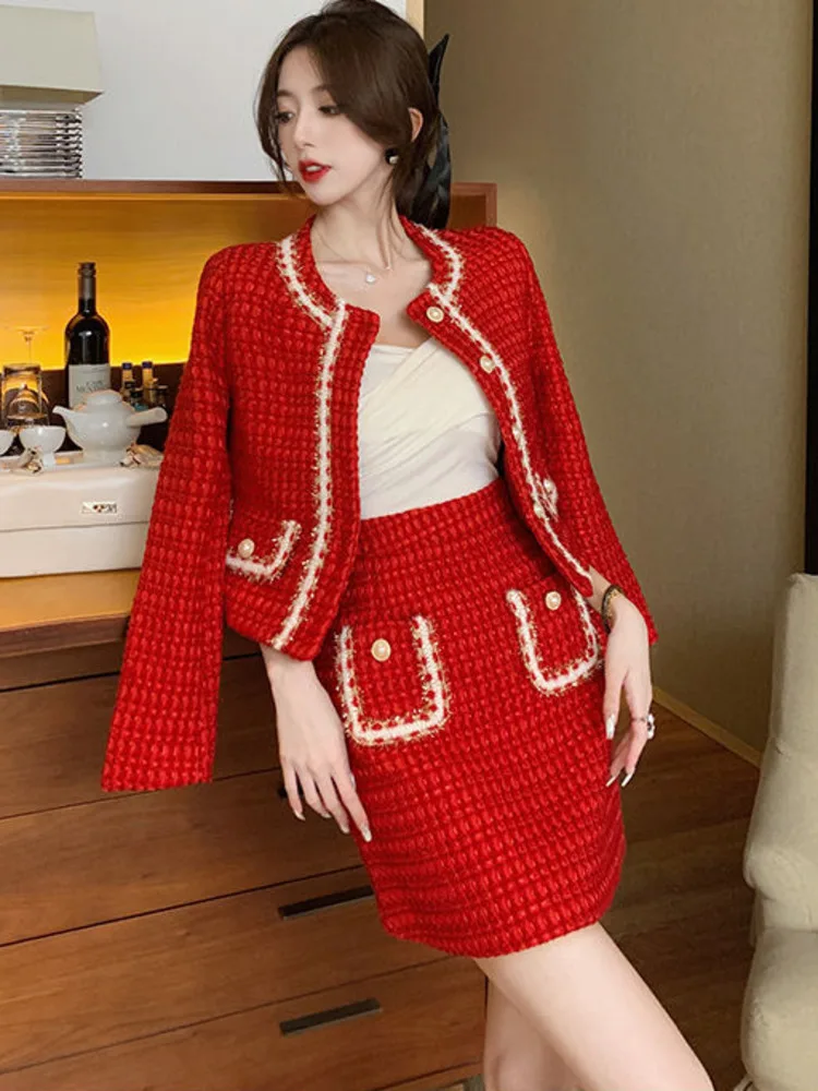 Autunno inverno moda Plaid rosso Tweed due pezzi Set donna perle monopetto frange giacche di lana cappotto + minigonna tascabile