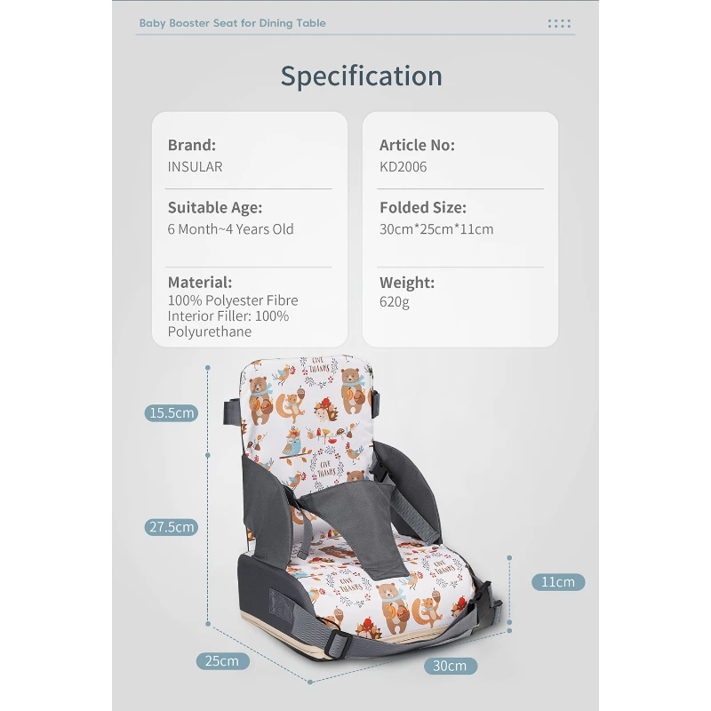 وسادة معززة لكرسي الطعام قابلة للتعديل من INSULAR للأطفال والأطفال الصغار، وسادة مقعد عالية قابلة للإزالة من أجل آمنة ومريحة