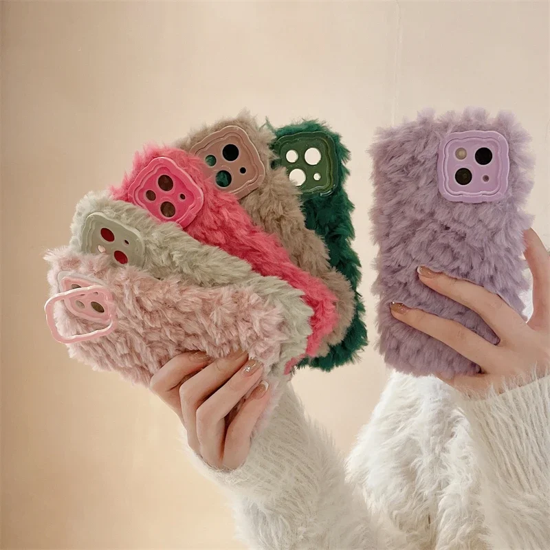 Autumn Winter Colorful Plush Series With Holder Cover Case For iPhone 16 15 14 13 12 11 Pro Max Plus Phone Case