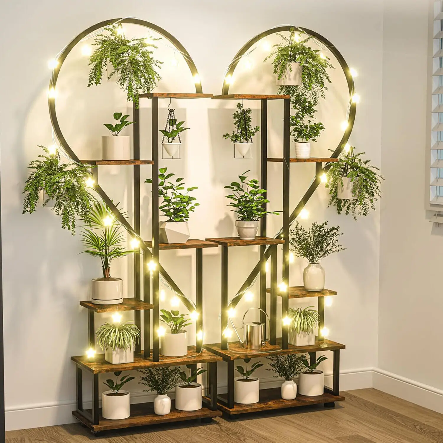 2X Plant Stand Half Heart Shaped Planter Rack Flower Display w/ Hooks Garden Ladder Planting Shelf(Excluding light string)