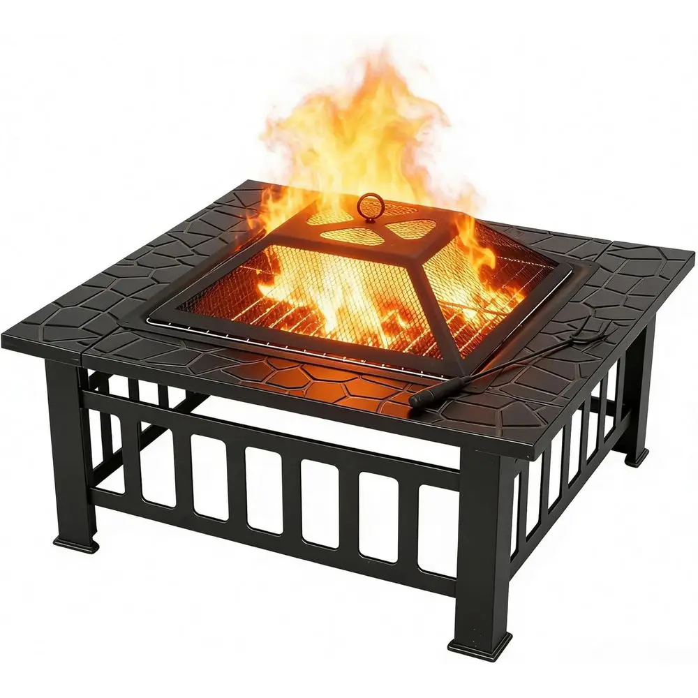 32 Inch Outdoor Fire Pit with Grill, Square Metal Outdoor Fireplaces, Spark Screen and Poker Included, Backyard Patio Camping Bo