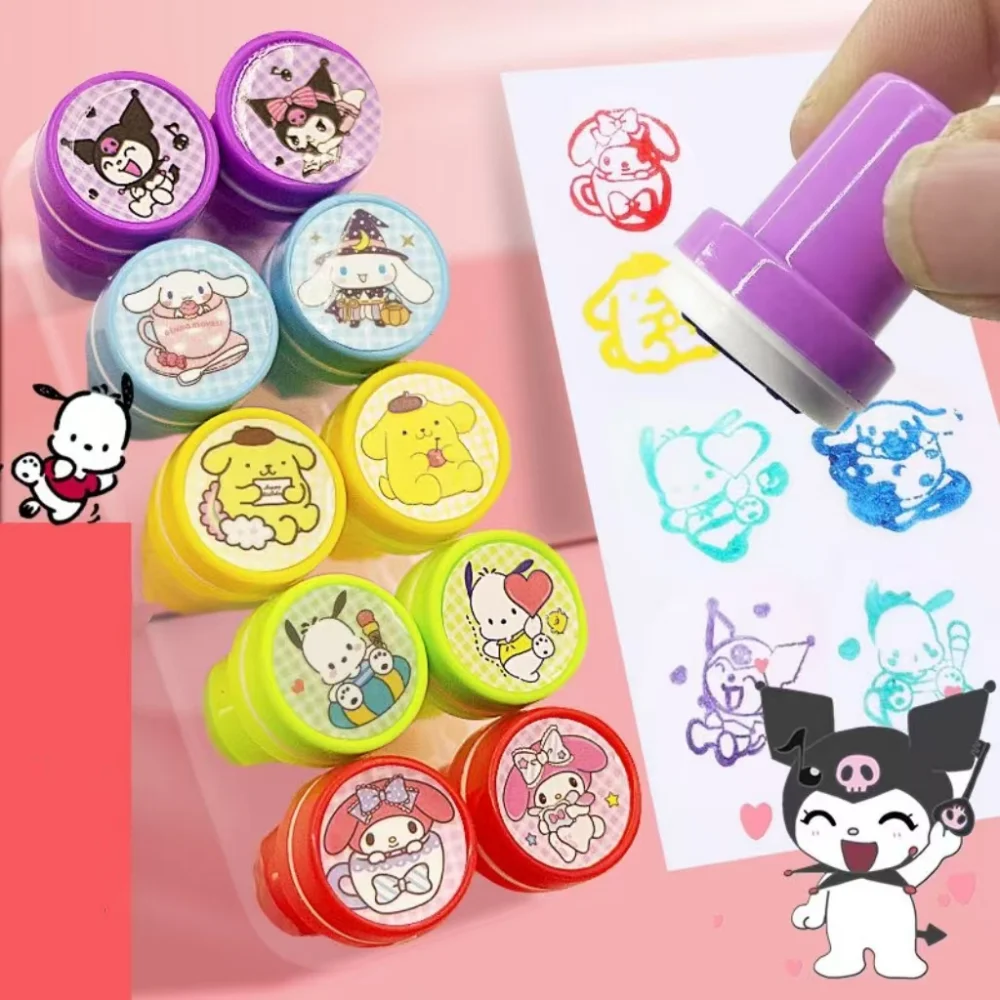 10/20/30 unids/set Sanrio Hello Kitty sellos de tinta automática dibujos animados Kuromi Melody Cinnamoroll patrón colorido sello juguetes regalos de cumpleaños