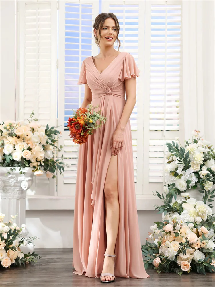 

A-Line V-Neck Short Sleeves Split Side Chiffon Bridesmaid Dresses Elegant Back Zipper Multiple Colour Gowns For Wedding Guests