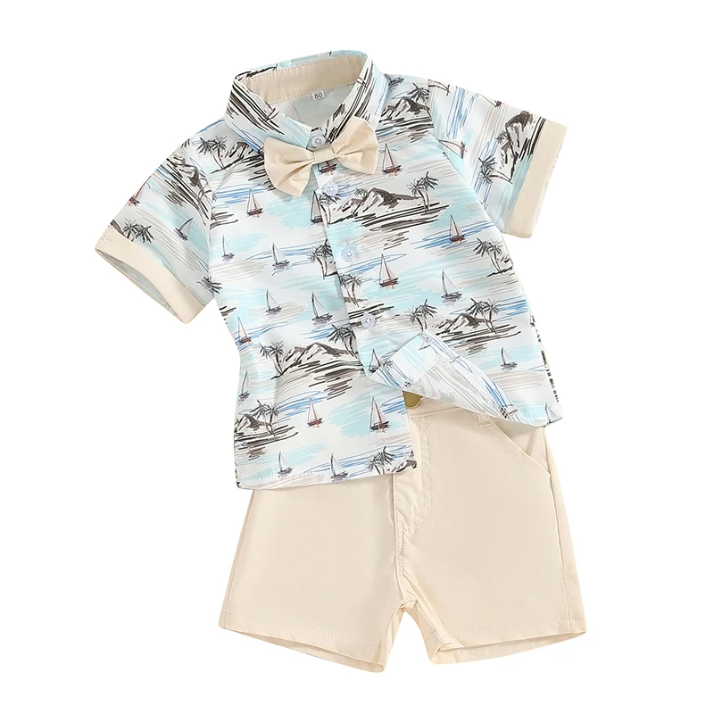 Toddler Boy Summer Outfit Cartoon Print Short Sleeve Button Down T-Shirt Top Shorts Set Baby Boy Clothes