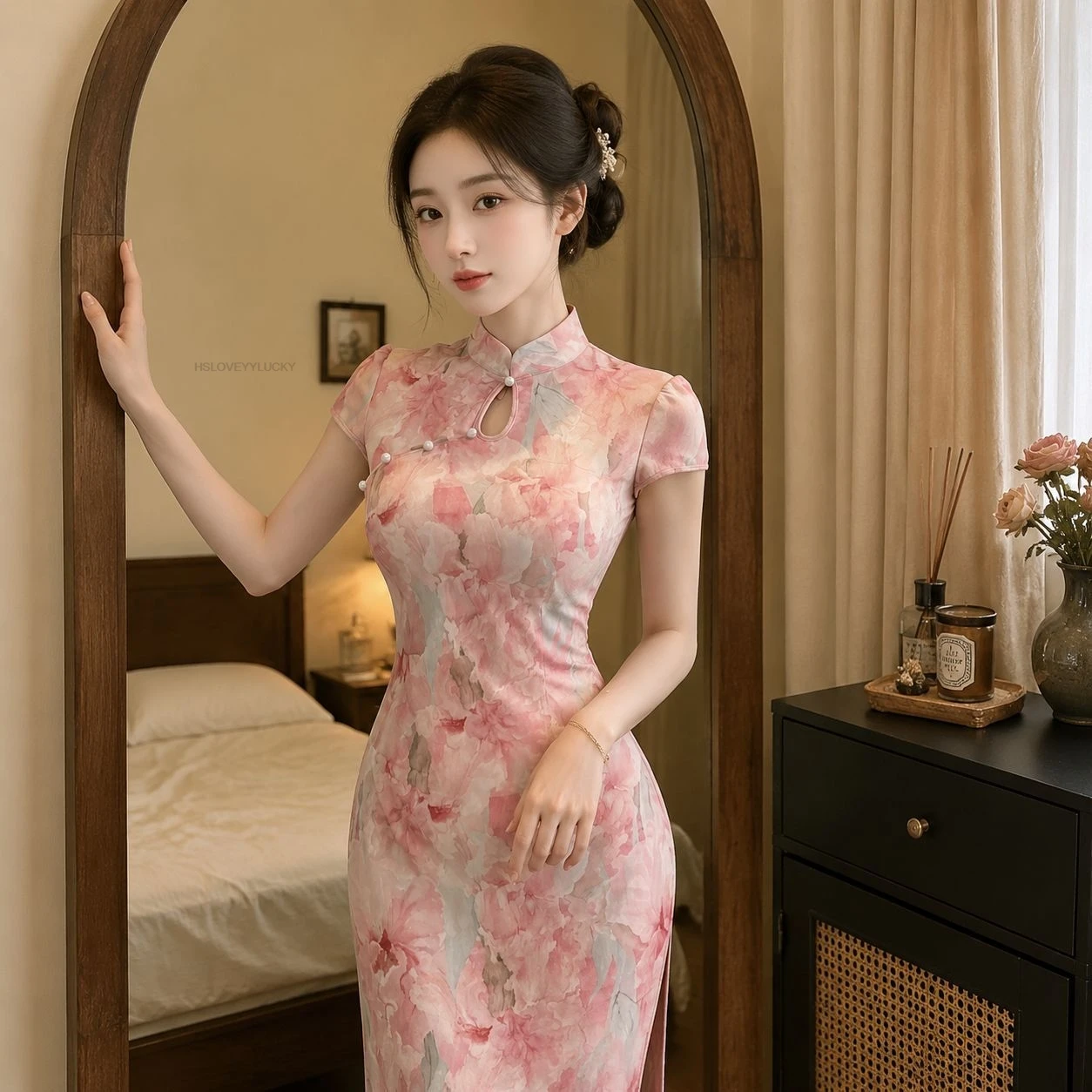 New Chinese Style Women Gentle Vintage Modified Cheongsam Short-sleeved slim-fit Gentle Floral Dress Women Pink Qipao Dress
