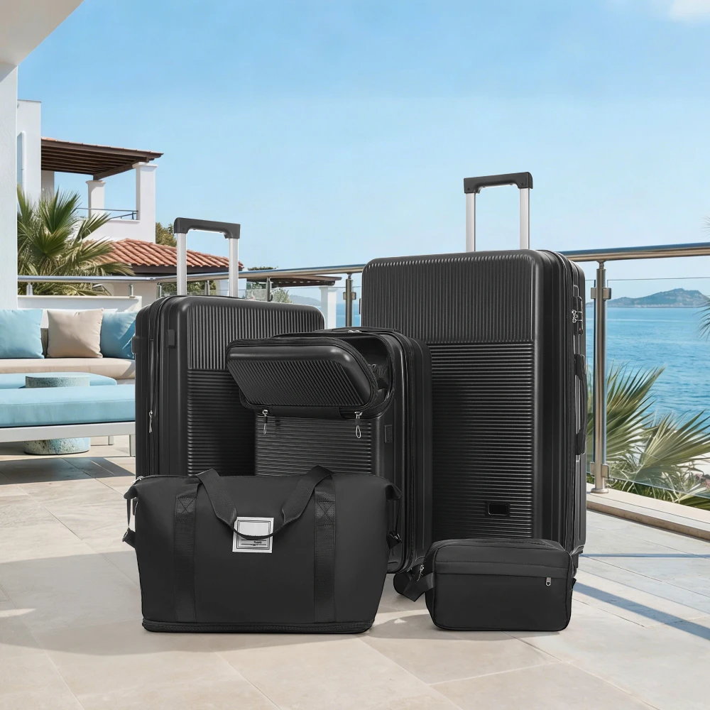 

Lightweight Half Opening Hardside 5PCS Luggage Set Double Spinner Wheels USB TSA Locks Travel Carry On Suitcase
