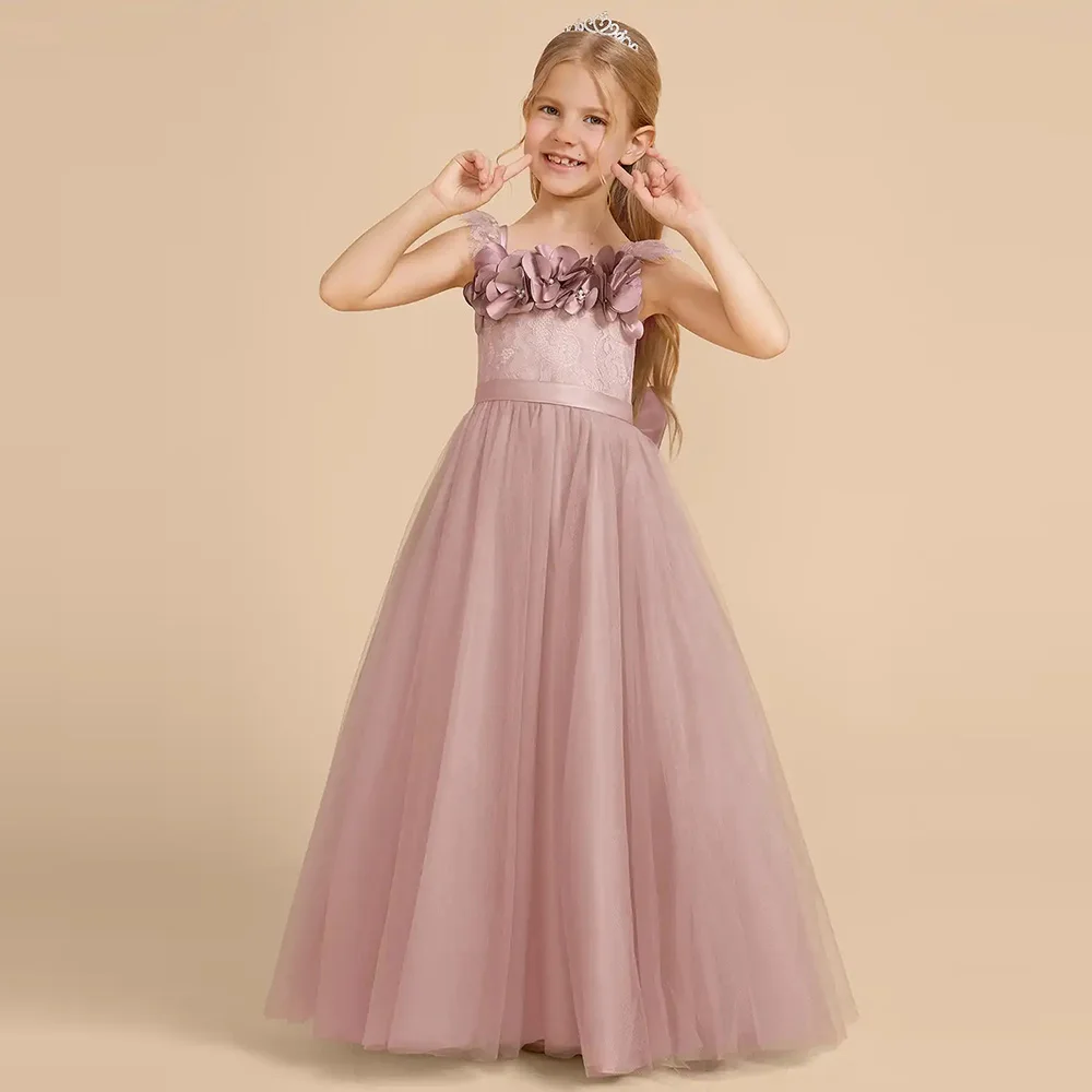 Customized Dusty Rose Tulle Flower Girl Dresses 3D Flowers Applique A-Line Wedding Party Dress Princess Birthday Gowns