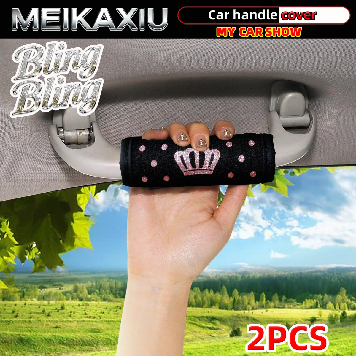 

2PCS gold-embossed crown glittering protective covers for car handgrips, car interior accessories, universal use for women