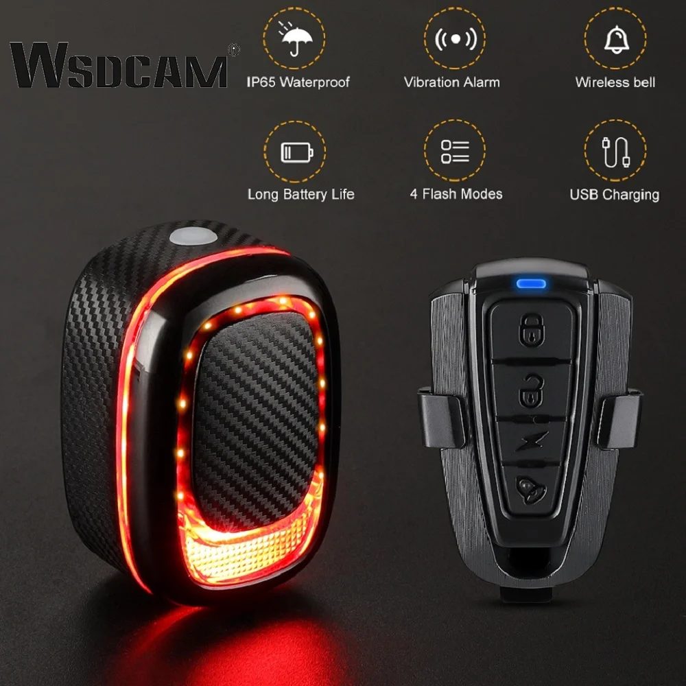 Wsdcam Anti-Theft Bike Alarm Remote Control Bike Taillight Bicycle Vibration Alarm Auto Brake Sensing Light Waterproof IP65