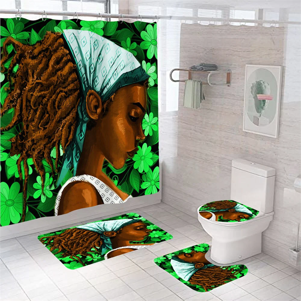 African American Afro Black Girl Shower Curtains Women Art Design Graffiti Bathroom Mat Set Anti-slip Soft BathHome Decoration