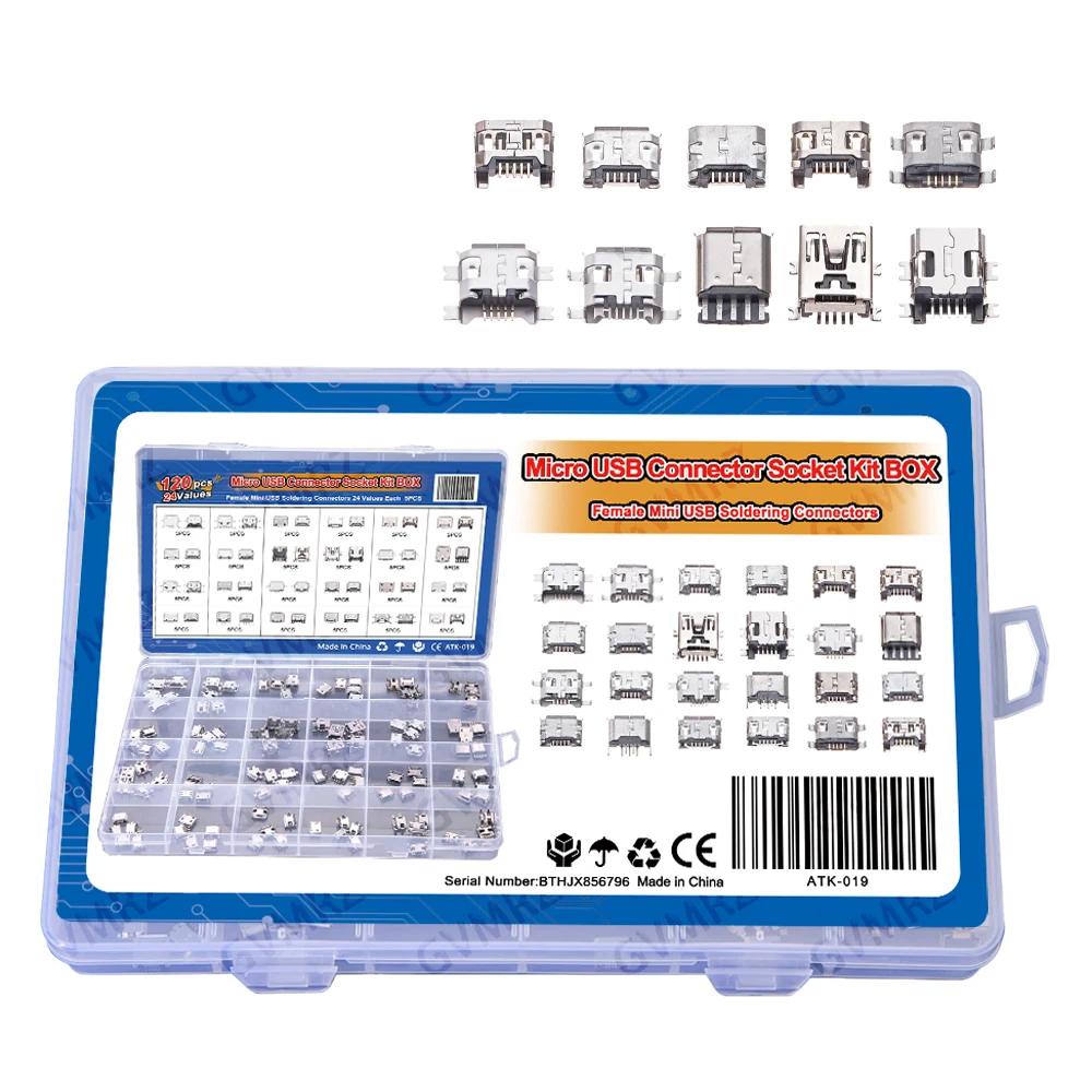 120Pcs Micro USB Connector Kit 24 Models Mini Female Usb Soldering Connectors Diy For MP3/4/5 Samsung Huawei SMD DIP Socket Kit