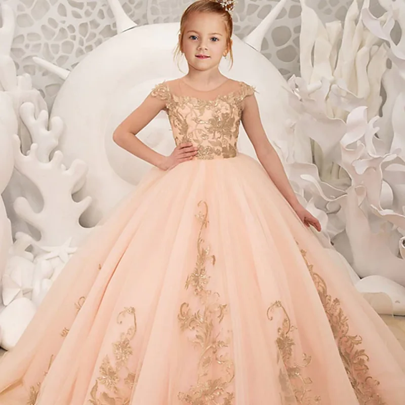 Gorgeous Peach Child Flower Girl Dresses for Weddings Long Appliques Bow Party Ball Gown Princess Tulle Birthday Pageant Dress