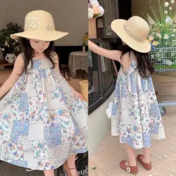 Girls Casual Dresses Floral Print Plaid Patchwork Sleeveless Dress Kids Clothes Girls 3 To 7 Years Kids Dresses for Girls