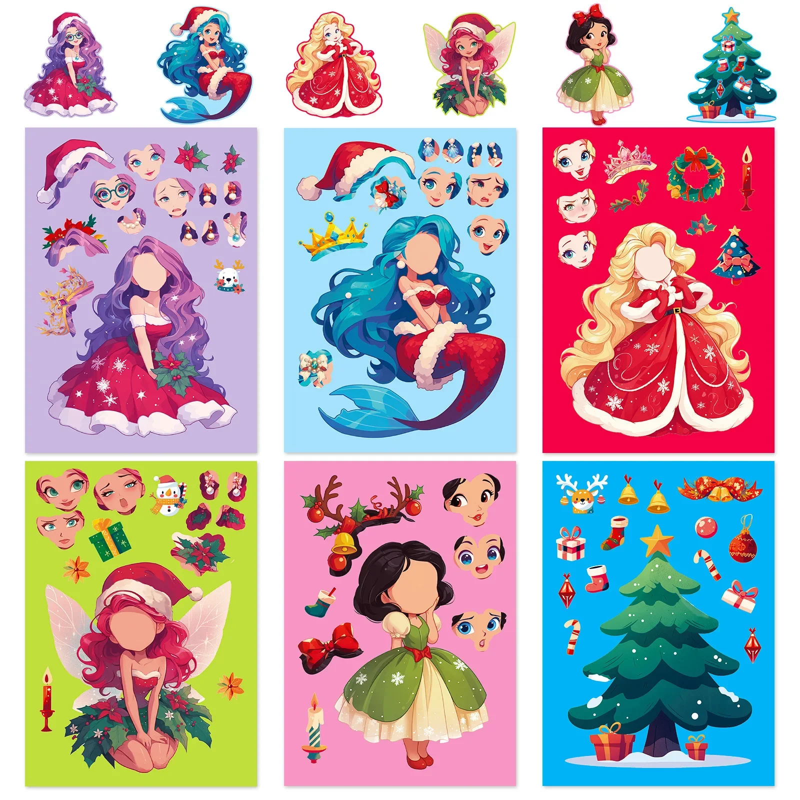 6 sheets/pack of Christmas Princess series face changing stickers, jigsaw puzzles, graffiti, mermaid, elf stickers, paper