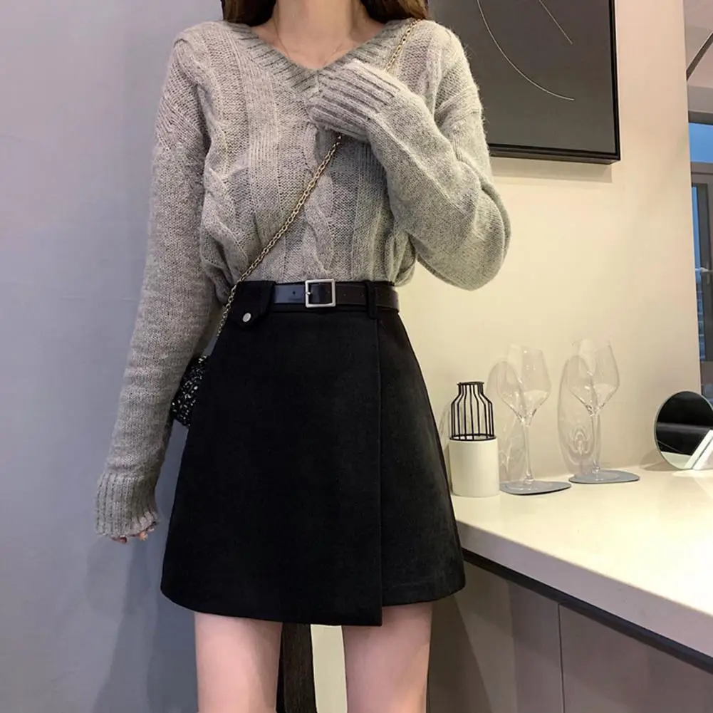 Back Zipper Mini Skirt With Belt Autumn Winter High Waist Bottoms Irregular Short Skirt A- line Skirt Woman Skirts Streetwear