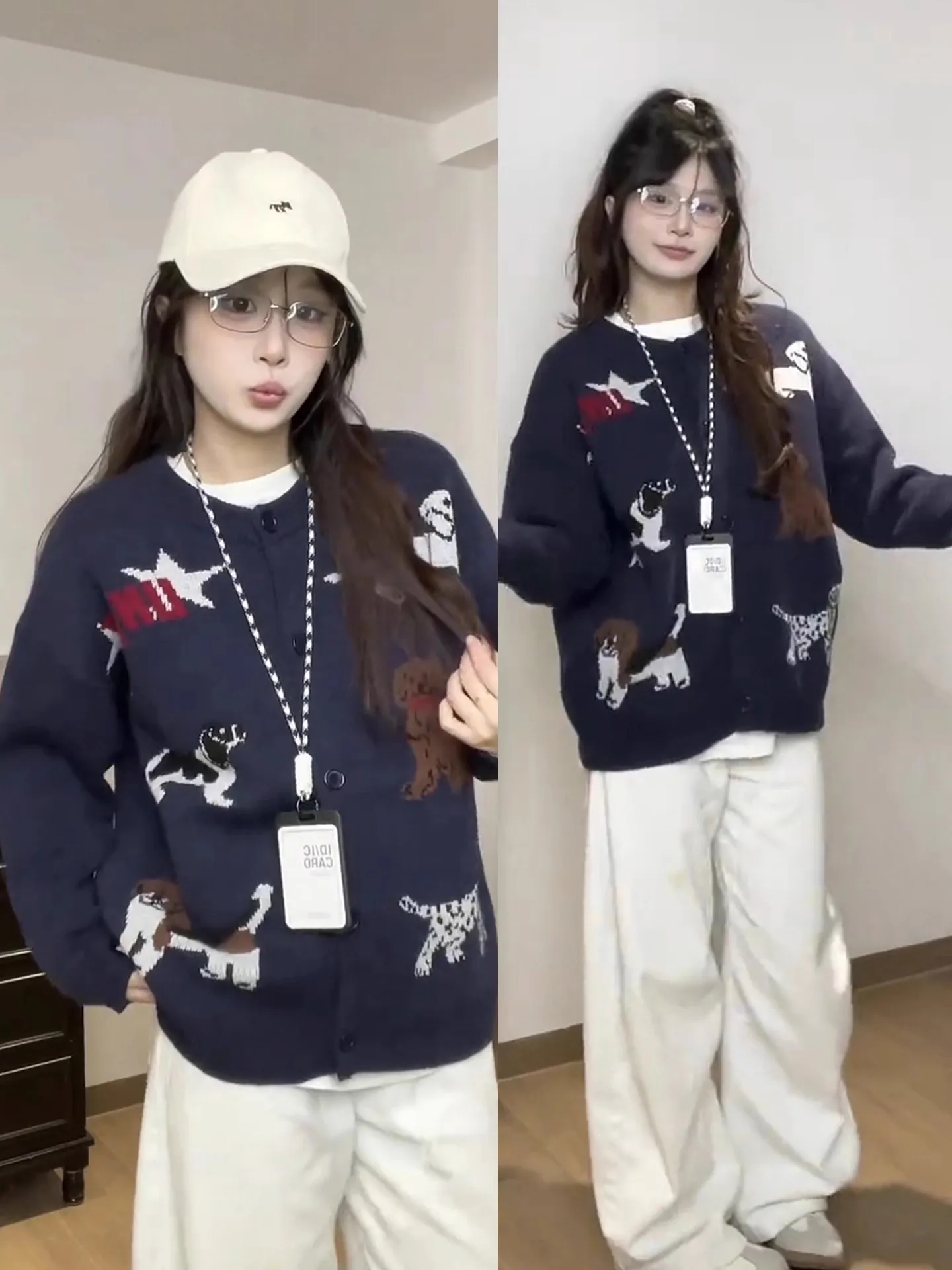 

American Sle Vintage Dog Print Open Cardigan Sweater Women's Loose Long Sve Knitted Top for Autumn Winter Casual Faion