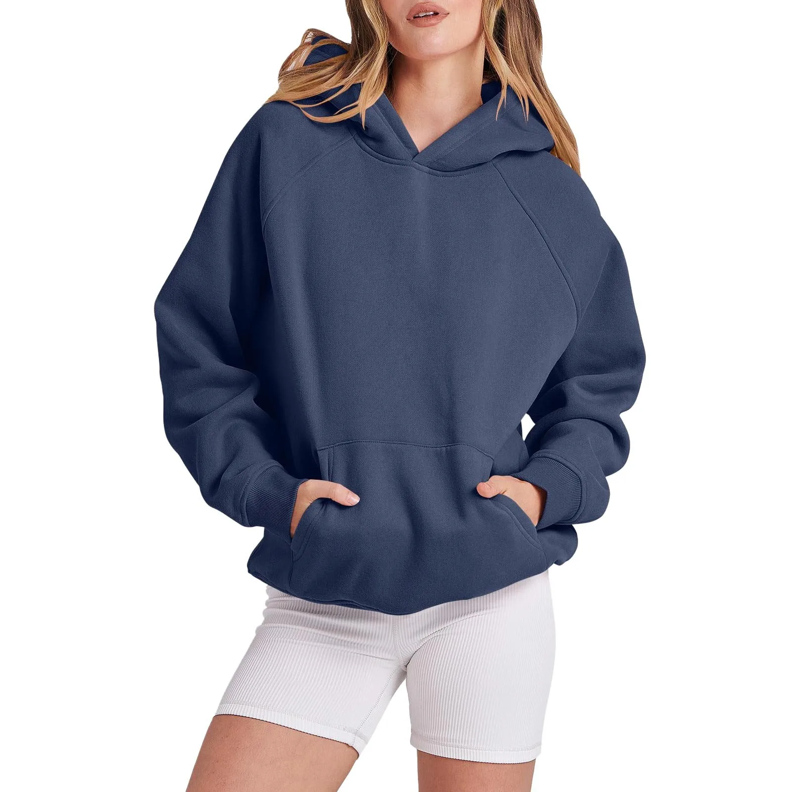 

Women Solid Color Basic Loose Hooded Sweatshirt Long Sleeve Pocket Drop Shoulder Sleeves Pullovers Tops Fashion Casual Hoodies