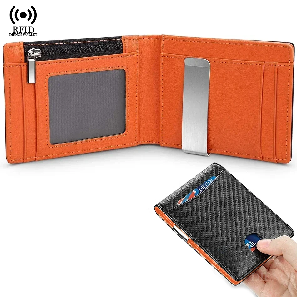 Kohlefaser-Bifold-Geldbörsen, Geldscheinklammer, Metall, ultradünn, RFID-Kartenhalter, Ausweisbank, Kreditkarteninhaber, Reißverschluss, schlanke Geldbörse für Herren