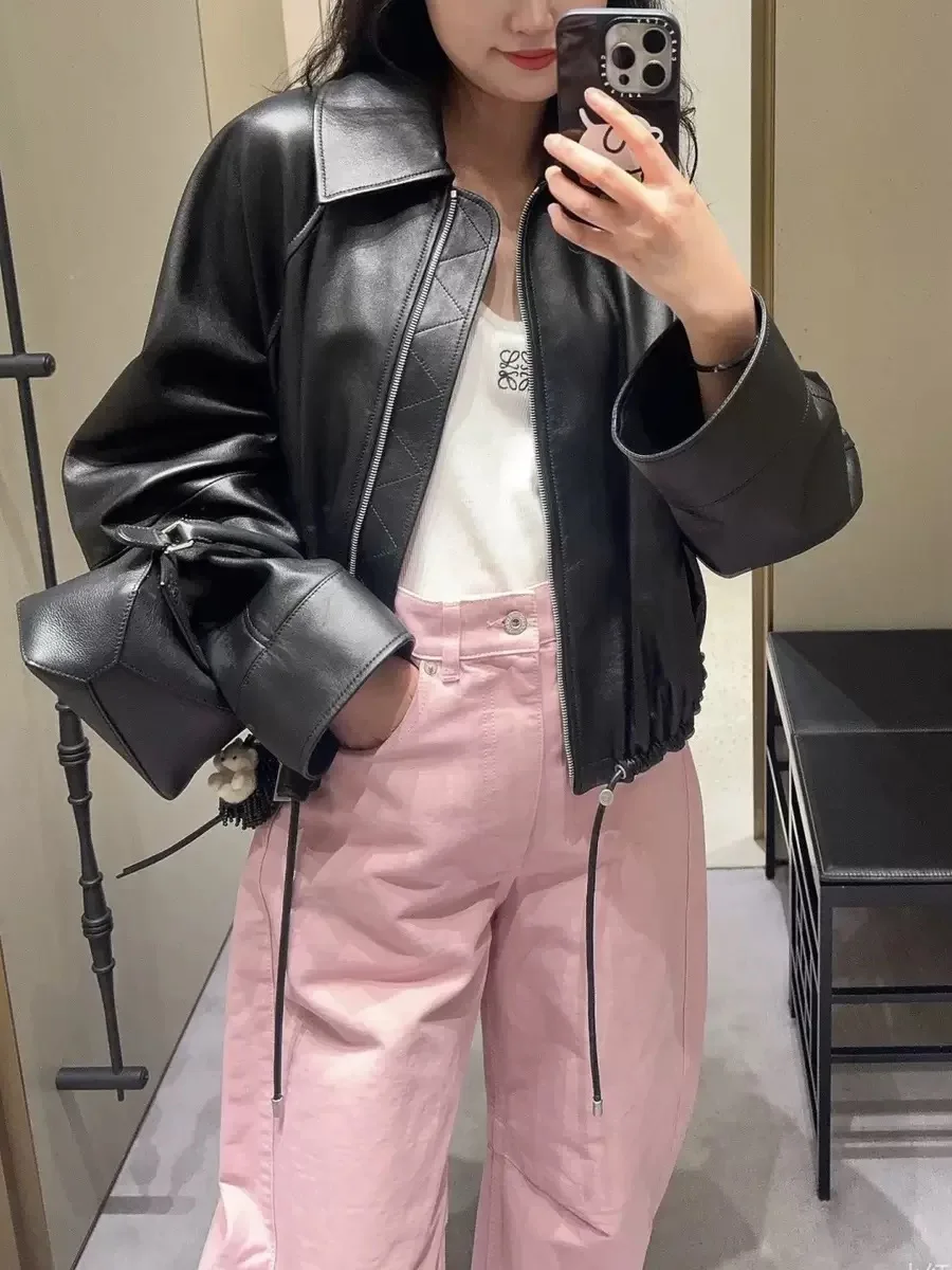 Abbigliamento in vera pelle per donna Cappotto corto con silhouette con coulisse bavero Giacca da donna con palloncino in vera pelle di pecora Bomber Femme