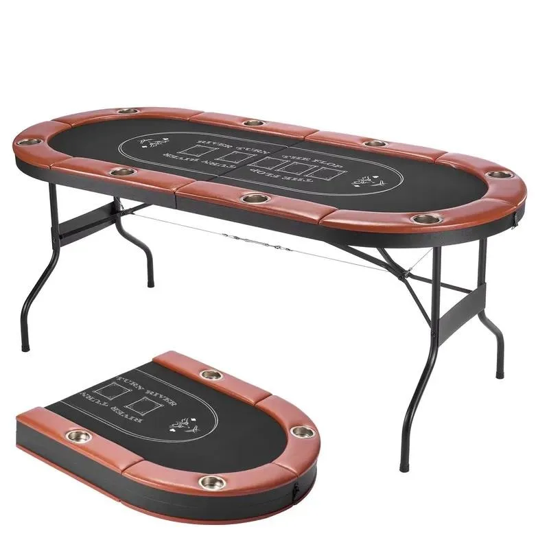 72 Inch Foldable Poker Table for 8 Players with Upholstered Rail and Cup Holder Portable Oval Gaming Table for Casino Home