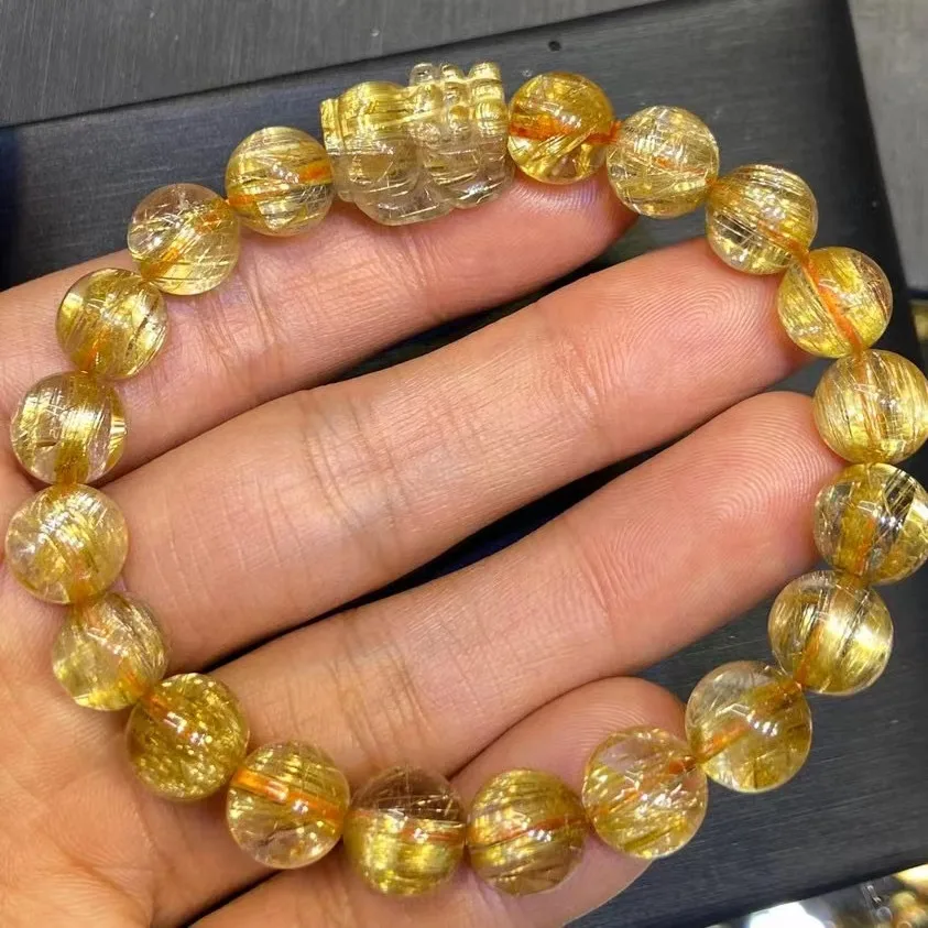 

Natural Gold Rutilated Titanium Quartz Bracelet Brazil 9.6mm Pi Xiu Pendant Woman Man Wealthy Clear Round Beads Crystal AAAAAA