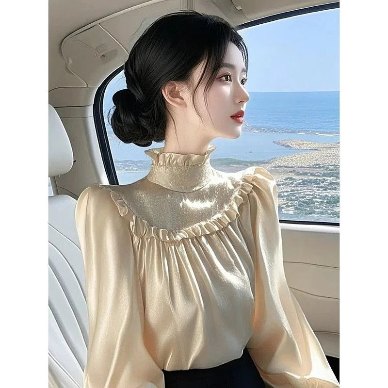 Style Apricot Top For Women 2025 Autumn New Light Luxury Fashion Unique Beautiful High-end Satin Shirt