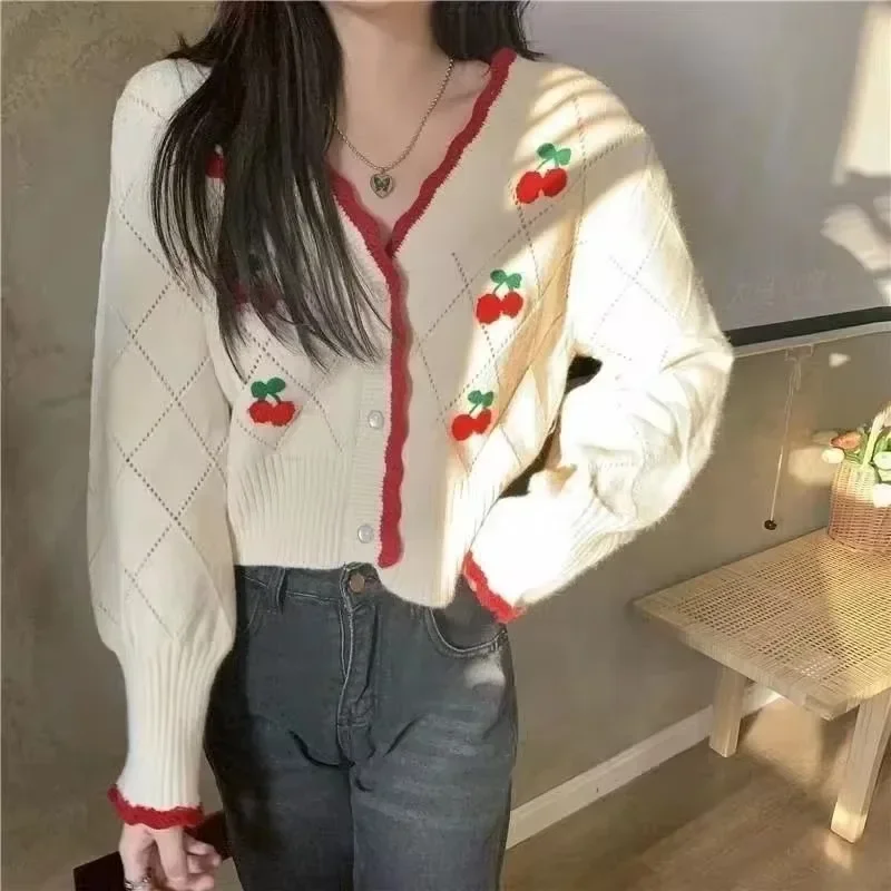 PTKPCC Spring Autumn New Fashion V-neck Long Sleeve Knitting Cardigan Women Casual Loose Button Floral Hollow Out All-match Tops