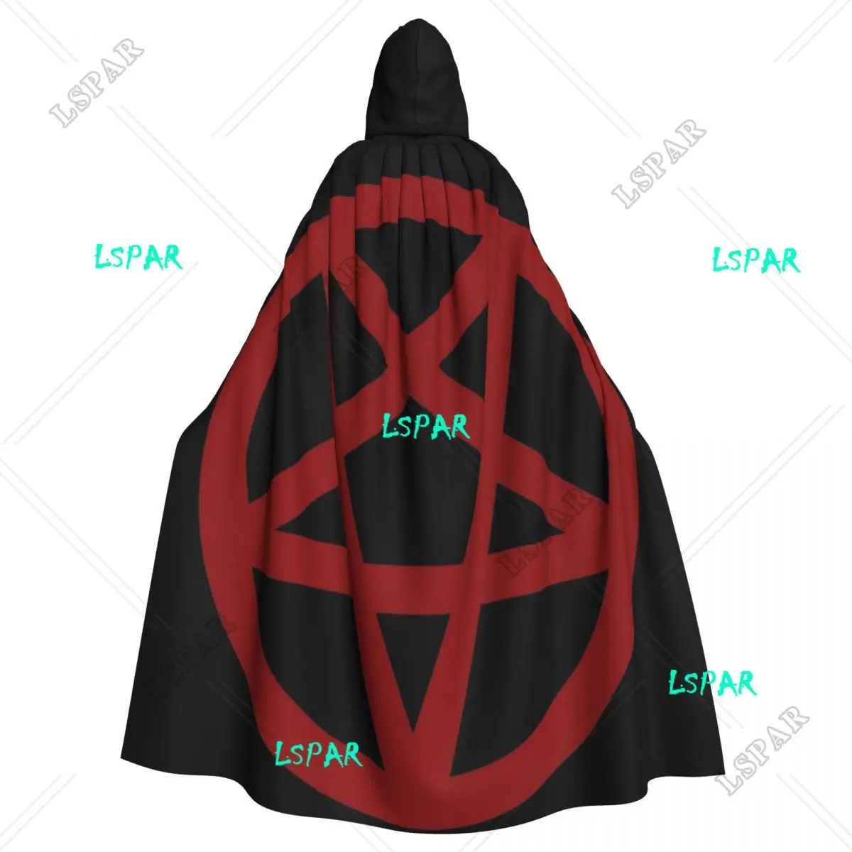 Inverted Pentagram Satanic Red On Black Long Hooded Cloak Witch Costume Cosplay Cape HalloweenVampire Adult Unisex