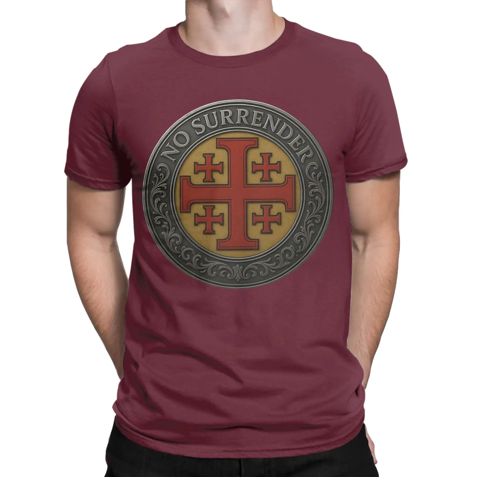 Ullzang Jerusalem Cross No Surrender  Tshirts Men Round Neck Short Sleeve Top Tee  100%Cotton Summer Tops Shirts