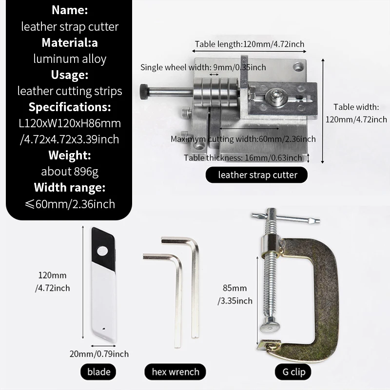 WUTA Professional Leather Strap Cutter Sharp Blades Adjustable Belt Strip Cutting Machine Splitter Hand Cut Tools with C-Clamps