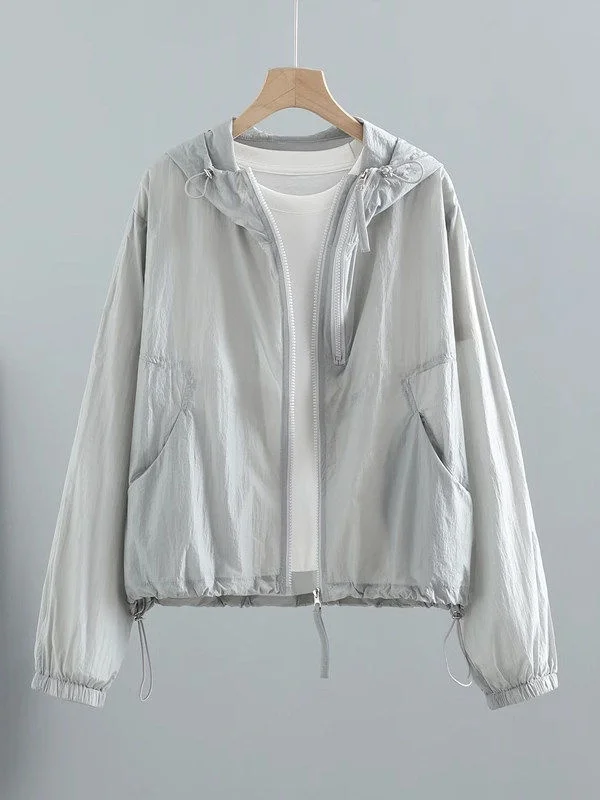 Small Size Women's Summer Thin Breathable Hooded Sun Protection Outerwear Cool Casual Polyester Fiber Long Sleeve Zipper Jacket