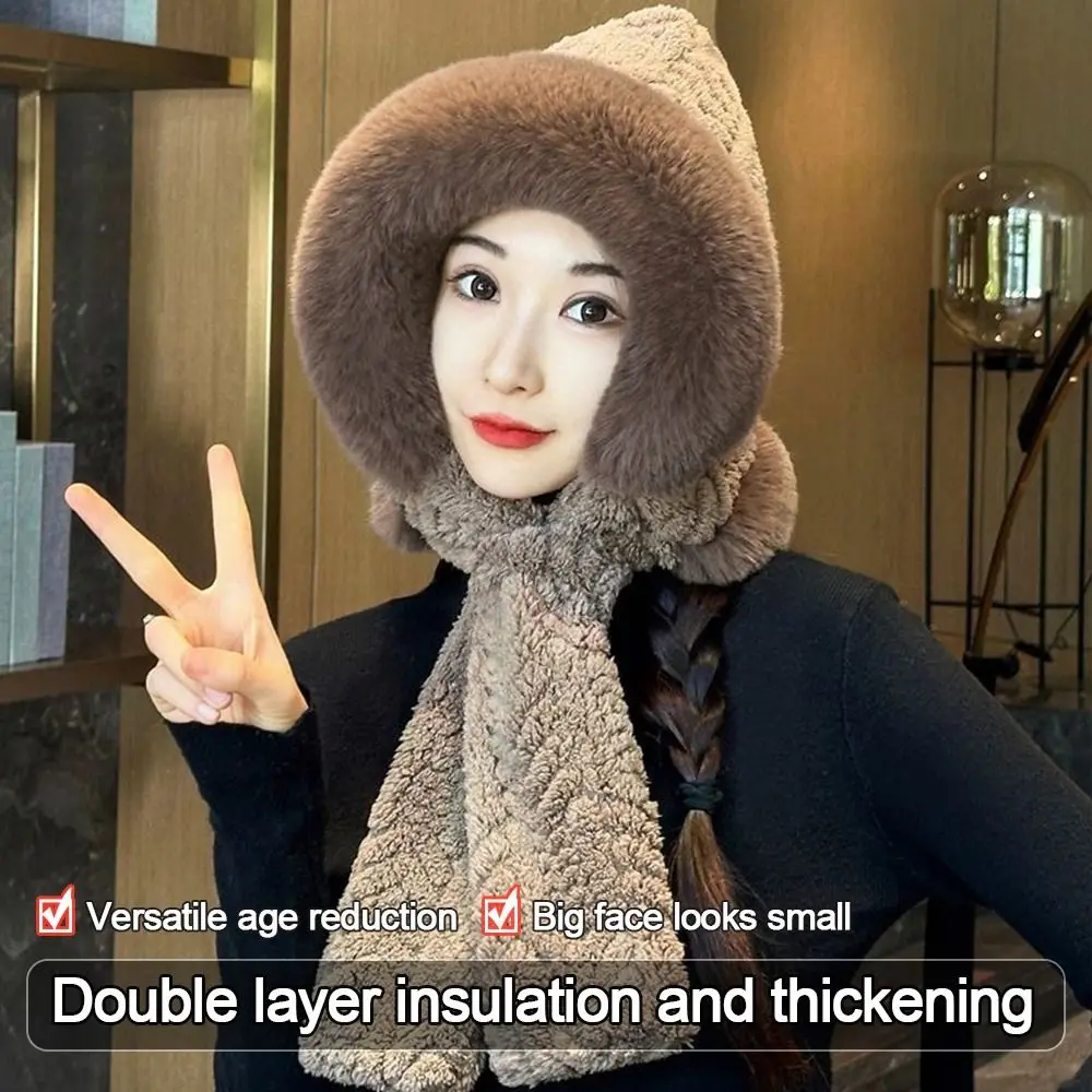 Gorro integrado de felpa para invierno, bufanda cálida a prueba de viento, gorro con protección para los oídos, gorro informal suave, bufanda para exteriores