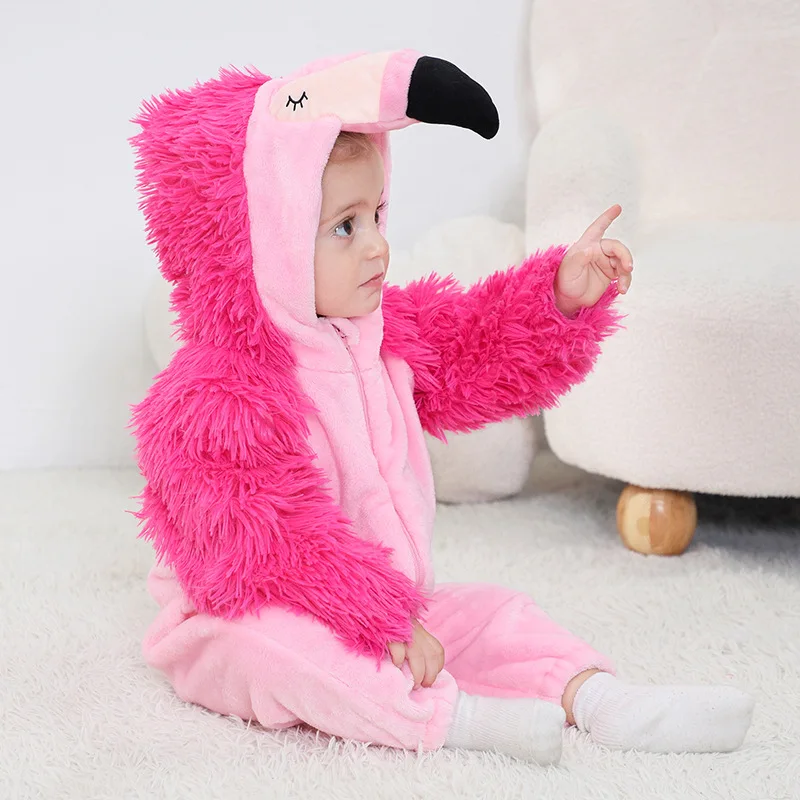 2024 Cartoon Flamingo Bodysuit Baby Romper Anime Pajamas Halloween Winter Jumpsuits Warm Pajamas Boy Girl Cosplay Costume Onesie