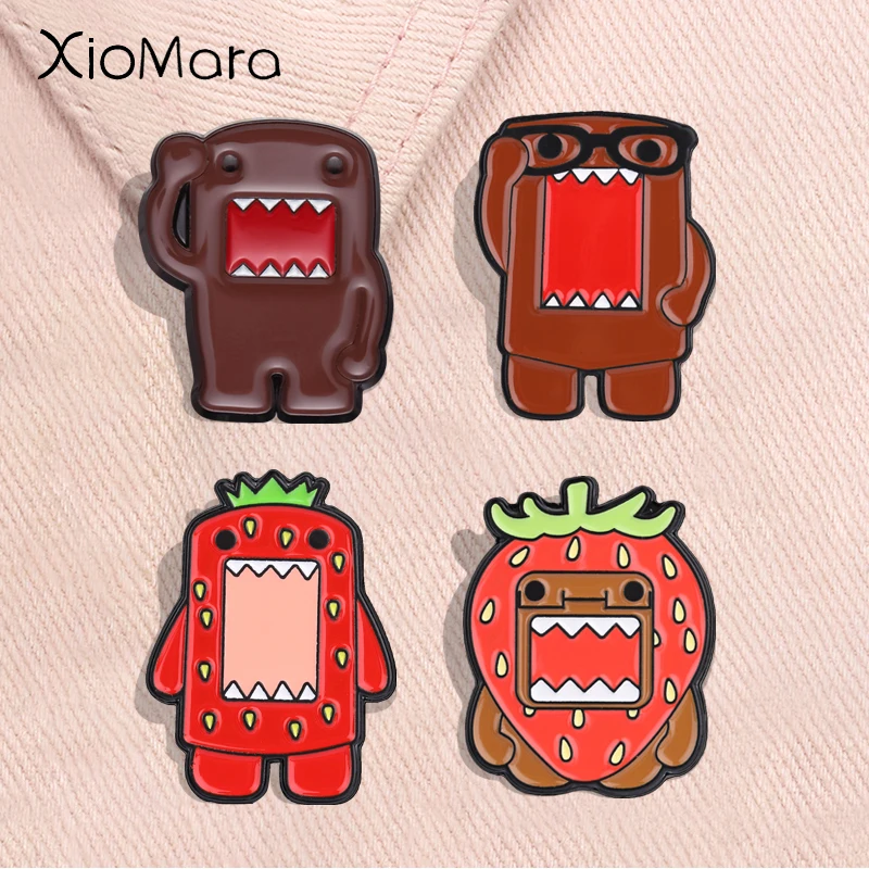 Cute Domo Kun Enamel Pins Strawberry Glasses Domo Kun Cartoon Monster Anime Characters Mascot Brooches Lapel Badges Jewelry Gift