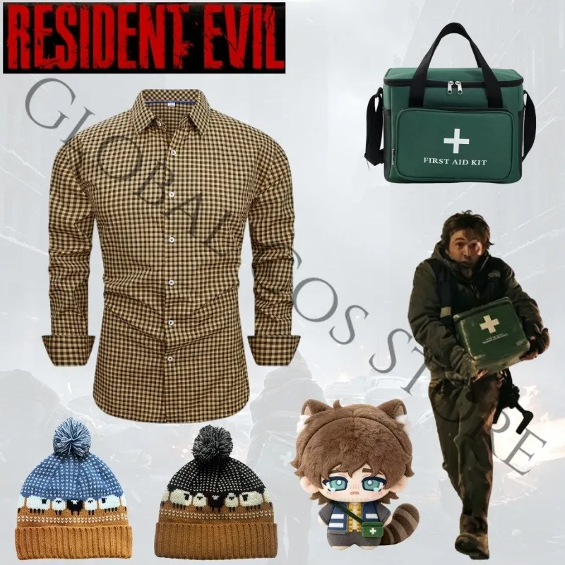 Disfraz de cosplay de Bryan Hodukavich, personaje de la película de terror Resident Evil: camisa a cuadros amarillos, gorro de punto, bolso verde y accesorios de peluche para Halloween.