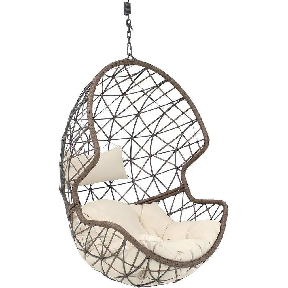 Resin Wicker Hanging Egg Chair with Beige Cushion for Outdoor Use