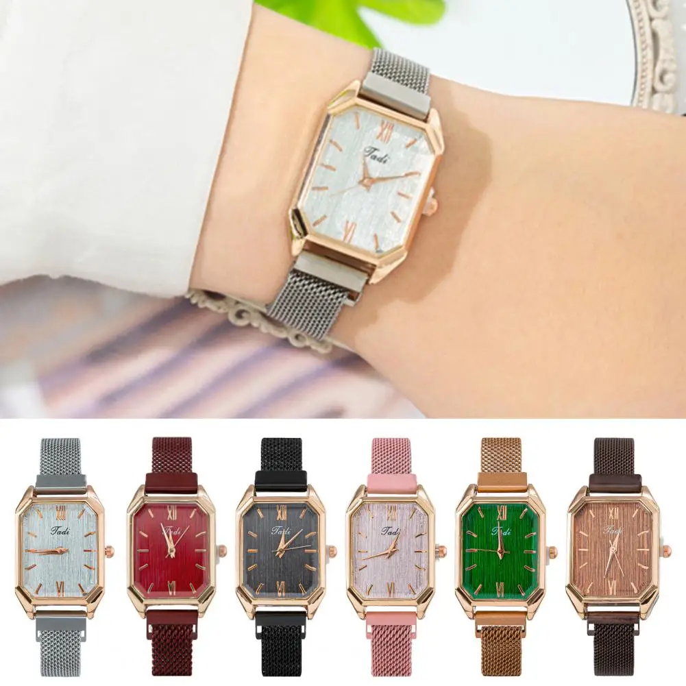 Women Watch Quartz Movement Square Dial Magnetic Mesh Band Roman Number Time-checking Lady Daily Wristwatch Dating Timepiece