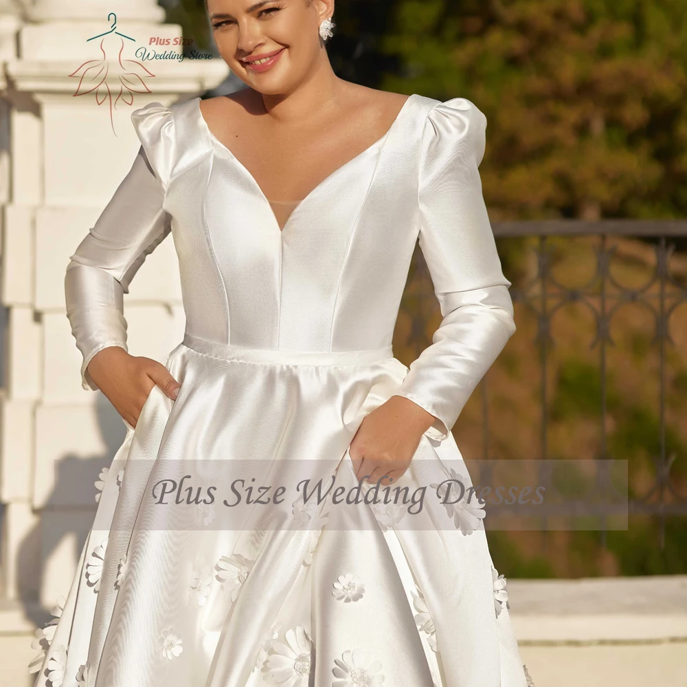 Robe de Mariée Élégante en Satin, Grande Taille, Col en V, Manches sulf, lèvent au Dos, Longueur au Sol, Ligne A