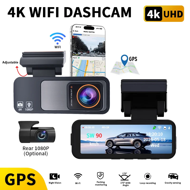 4K UHD 3.2 Inch Car Dash Cam Dual Lens Front Rear Recording Built-In WiFi GPS Night Vision 1K Rear View Car DVR Video Recorder