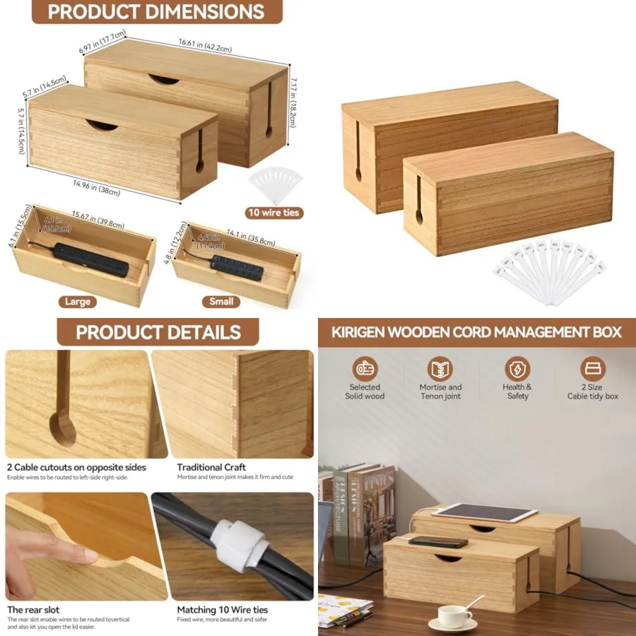 

Wooden Cable Management Box Set of 2 - Solid Wood Large and Small Cord Organizer Hides Power Strips, Chargers and Wires for Des