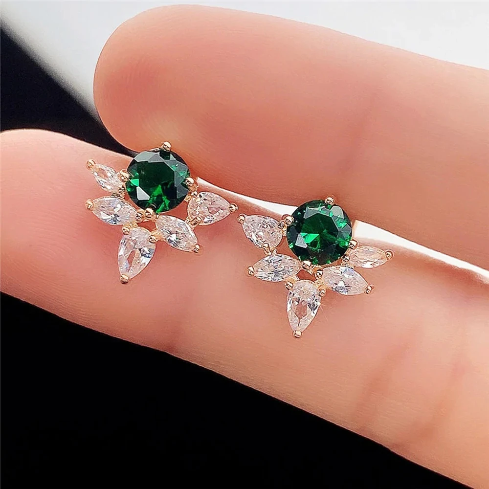 Huitan Chic Green Cubic Zirconia Stud Earrings for Women Daily Wear Modern Fashion Lady’s Accessories Fancy Gift Luxury Jewelry