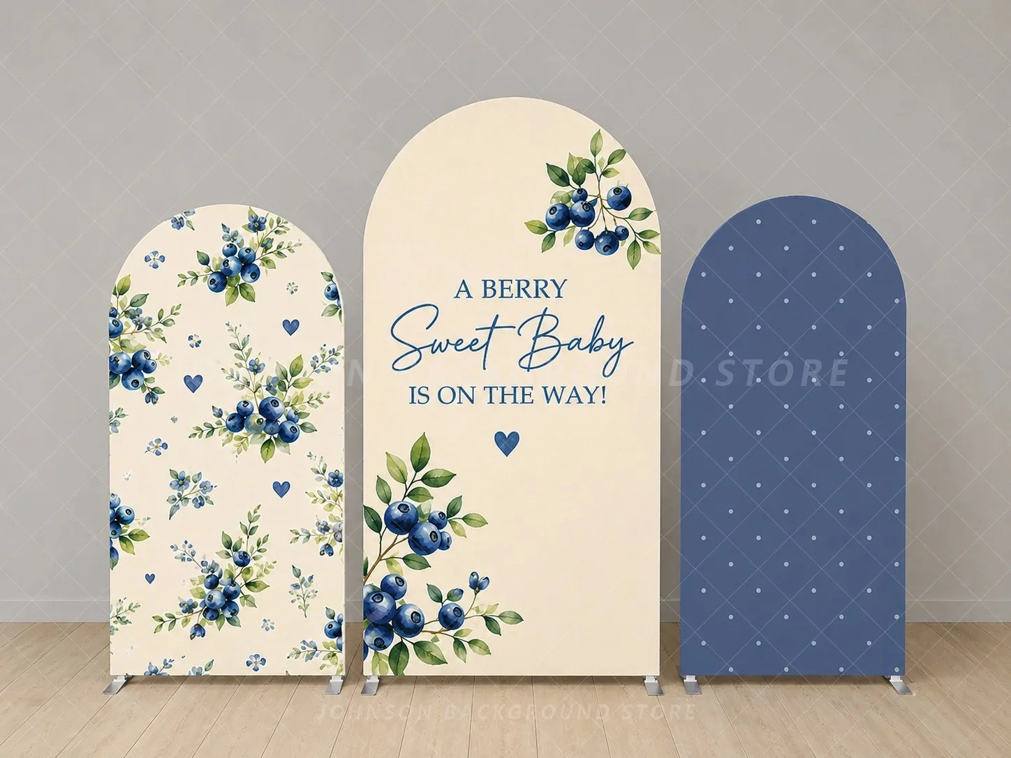 Blueberry Baby Shower Arch Backdrop Cover A Berry Sweet Baby Is On The Way Blue Floral flower Three Panel Party Background